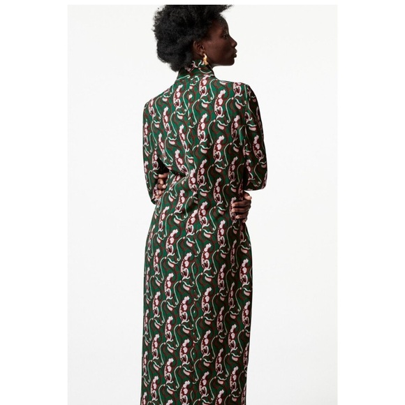 ZARA Floral Green Multicolor Print Front Slit Long Sleeves Midi Dress Sz L - Picture 4 of 16